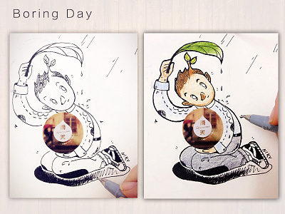 Boring Day boy colourpencil illustration leaf rain wood