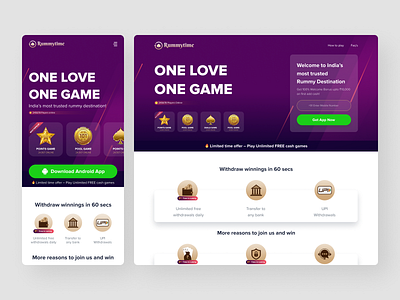 Rummytime - Online Rummy app branding clean cool creative design landing page new ui ux website