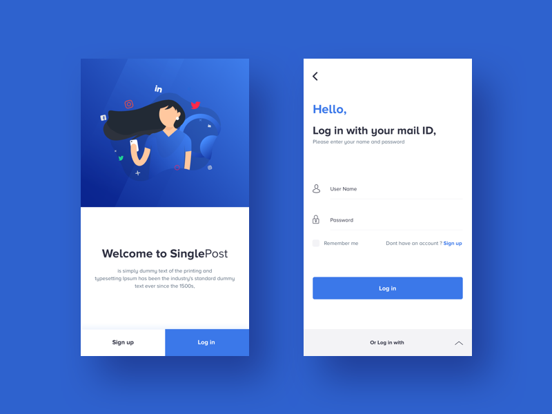 Log In : SinglePost App illustrator animation creative clean gif 2d singlepost up sign in log charecter blue app mobile ux ui