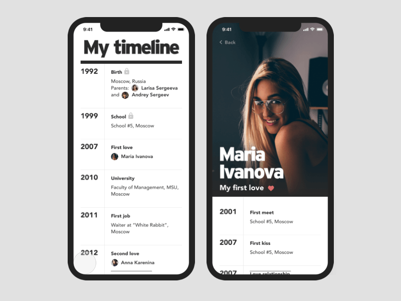 Personal timeline animation app design drag n drop interaction interface ios iphone life list mobile picker table timeline typography ui ux