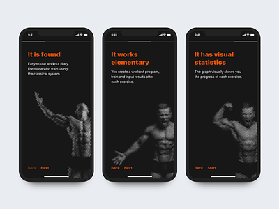 Goom app app bodybuilding dark design gym interface ios iphone minimal mobile onboarding swiss typography ui ux workout