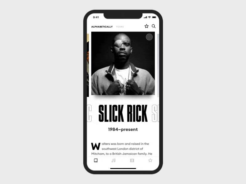 Hip-Hop Encyclopedia animation app article cards design hip hop interaction interface ios iphone minimal mobile music transition typography ui ux