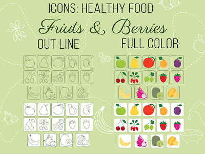 Flat icons of Healthy food berries food froots healthy food icons