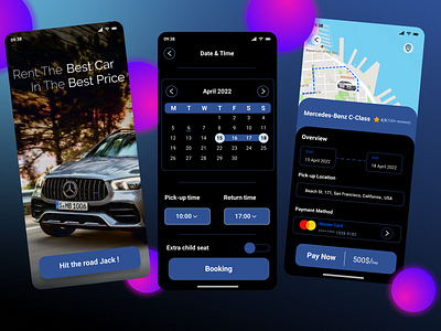 Car rental mobile app - dark theme app branding design graphic design illustration logo typography ui ux vector