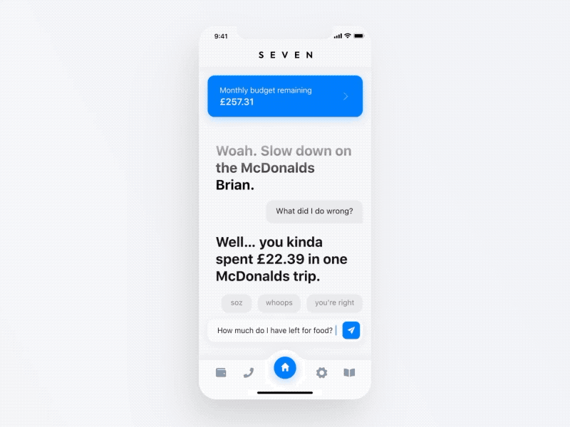 Seven - The new way to bank ai animation blue chat design flinto ios mockup natural natural language new pitch sketch student ui uix ux young