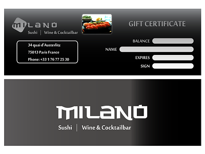 Gift Sertificate "Milano Sushi" Designed By Vitalij Reznikov flyer design gift sertificate graphic design