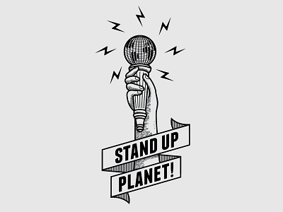 Stand Up Planet Logo banner branding earth globe hand logo mic microphone planet ribbon stand stand up typography up