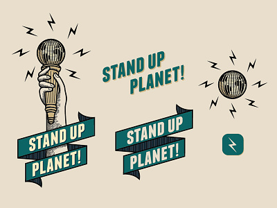 Stand Up Planet Branding Color banner beige blue branding color earth globe hand logo mic microphone planet ribbon stand stand up testing type typography up