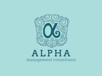 Alpha Management alpha blue brand branding corporate crest curls decorative floral greek logo seal shield slab serif swirls swirly teal vintage