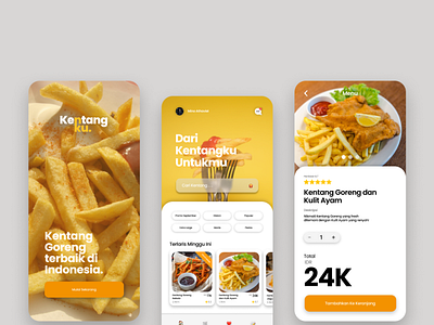 Kentangku - A French Fries Company Mobile App app delivery design driver french fries home homepage login mobile mobile app orange order payment rating restaurant stars ui uiux ux yellow