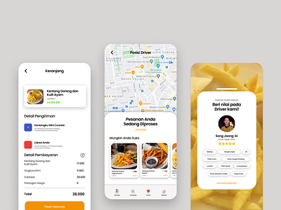 Kentangku - A French Fries Company Mobile App app burger delivery design driver e commerce french fries home marketplace mobile mobile app orange order payment rating restaurant ui ux white yellow