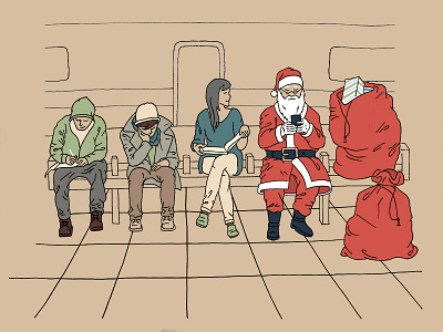 Santa spotted in transit bench christmas greeting card hand drawn holiday illustration mobile new york city nyc santa subway train