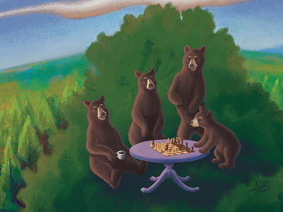 Bears And Forest Detail bears chess coffee digital painting forest landscape saturated colors tree