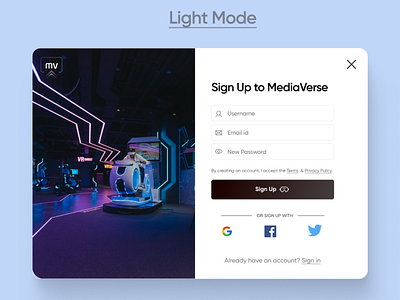 Sign-Up Modal for MediaVerse website UI Design - light mode dailyui dailyui001 dailyui01 figma figmadesign lightmode lookingforfeedback modal shadesigns webdesign websitedesign