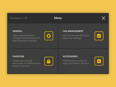 Industrial Fan Controller - Main Menu black and yellow fan iot menu resistive touch smarthome uidesign ux ux ui