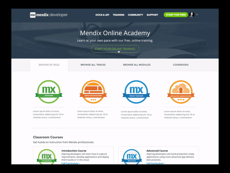 Mendix online academy design concept academy app developer flat learn mendix ui website wip