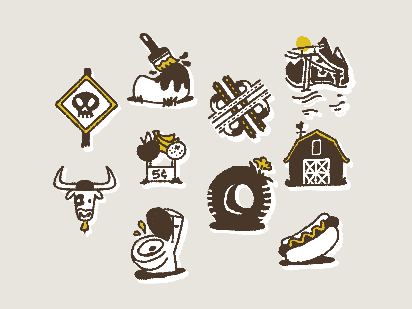 Road Trip Bingo Illustrations animation barn bingo cow design doodle doodles fruit stand gif highway hotdog icon illustration rock ski tire toilet vintage