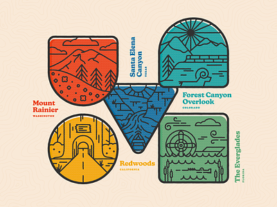 Natural Wonders of the U.S. badge badges branding california canyon design everglades florida illustration logo national park nature redwoods stickers texas vector