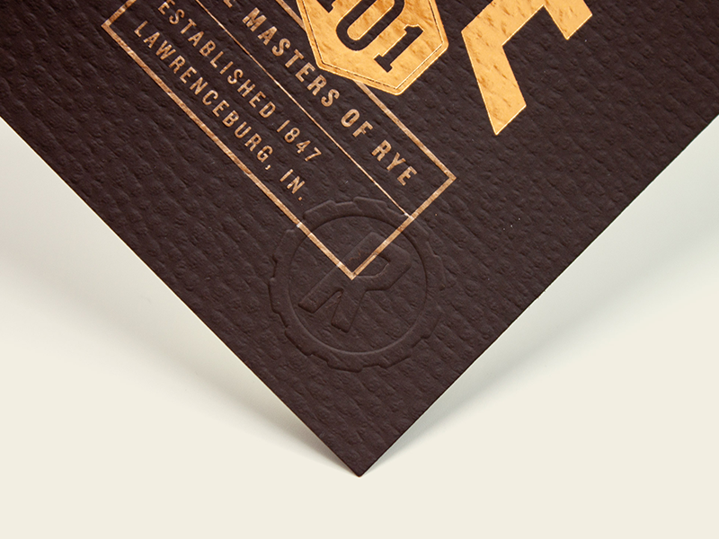 Rye 101 Emboss Detail leather emboss branding book rye whiskey badge gold copper book cover kansas city design