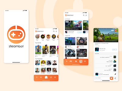 Steambot - Game Streaming App app branding design game game playing live stream logo mobile popular games streaming app ui