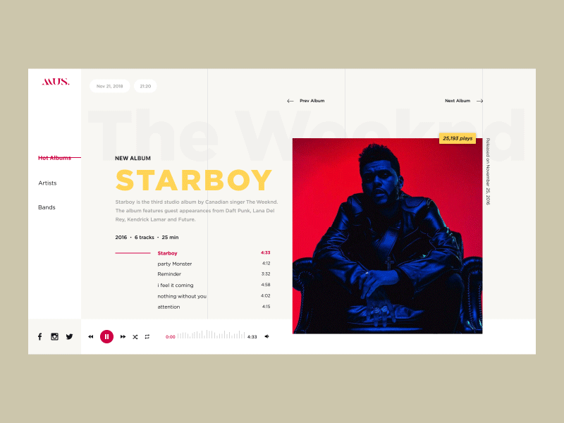 Music Player - Starboy - Transition 100 daily ui 100 days ui challenge animation daily 009 daily 100 challenge daily 9 daily ui day 009 day 9 design dribbble interaction design music music website ui uidesign web web design