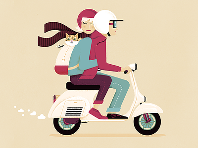 A couple, a cat, a Vespa artprint digital gigposter illustration poster print scalable scooter vector vespa