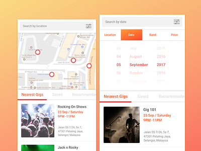 Find Gigs band date figma gig location map music shows ui