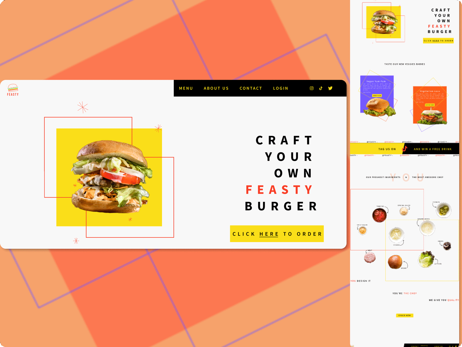 FEASTY - Web Responsive Design - Food delivery business app branding burger burgers delivery design food hamburger icon illustration logo typography ui ux vector web web design
