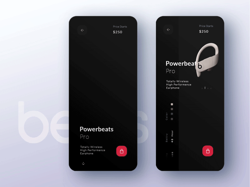 Powerbeats Pro Concept app beats clean dark earbuds fitness headphone ios minimalist music product shop sports ui ui design user interface ux workout
