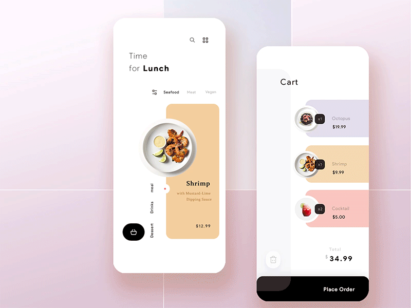 Add to Cart Interaction app cart clean colors dish food food app interaction meal minimalist order restaurant ui ux