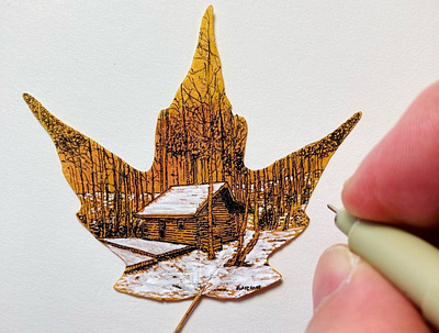 Snowy Cabin on Leaf art draw drawing environmental illustration ink ink drawing leaf microart miniature nature pen pen art pen drawing pigma micron sketchook snow sustainable tiny tree