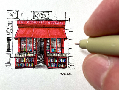 San Francisco Books Co. architecture art books bookstore design drawing fineliner illustration illustrator ink drawing lines micro microart miniature pen pen and ink pen art pen drawing pen illustration tiny