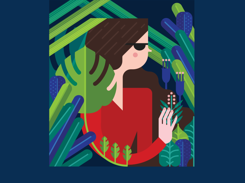Contrast editorial flat girl illustration green leaves illustration