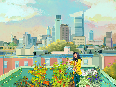 My roof garden buildings cartoon character city city illustration color drawing girl green illustration philadelphia philly procreate sketch