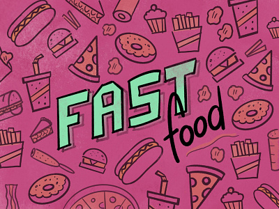 Fast Food burger drawing fast food food food illustration french fries green illustraion pie pink pizza procreate soda yellow