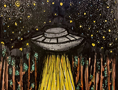 UFO Sketchbook Doodle Illustration alien conspiracy drawing flying saucer forest illustration ink journal night paranormal sketch sky space stars the x files trees ufo woods x files