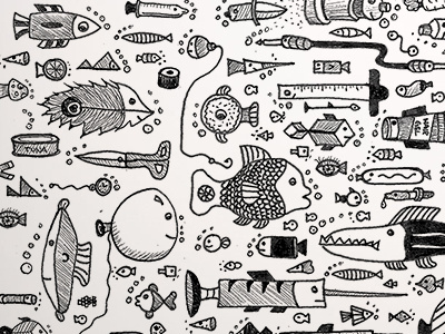 Fishy School of Fish black and white drawing fish illustration ocean. pen and ink