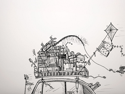 Road Trip! bird black and white car drawing illustration kite luggage pen and ink