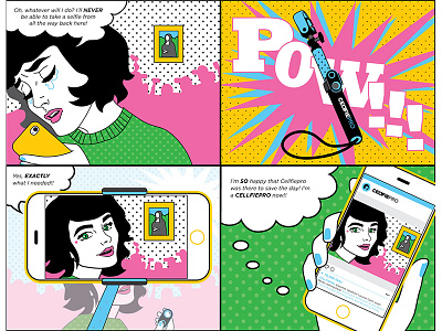 Selfie Stick Cellfie Pro Comic Illustration Flyer advertisement comic design graphic illustration info