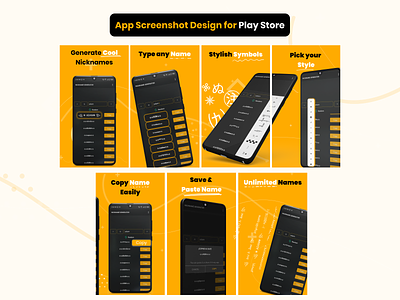 App Screenshots Design For Play Store app design app screenshot app ui app ui ux graphic design nickname generator app play store screenshot design screenshots ui ui ux