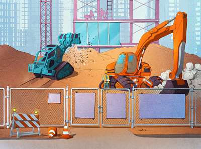 Concrete & Cranes children construction illustration poster