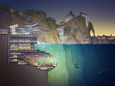 Oceanic Performing Arts Center coastline conceptual architecture illustration ocean section theater whales