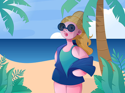 Girl on the beach - vector illustration art artwork background beach book character cookies editorial illustration ocean plants vector woman