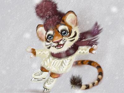 Tiger on skates animal animals cute illustration digital art illustration newyear tiger winter