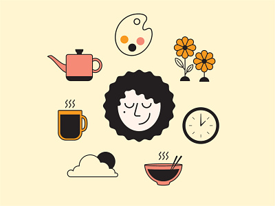 Routine 60s beauty mark clock coffee color colors design flowers hair illustration illustrator paint peace peaceful quarantine ramen routine tea time vector