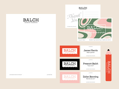 Balch Collateral branding business cards carpenter collateral color design green groovy illustration illustrator letterhead logo orange pencil pink thank you vector vibe