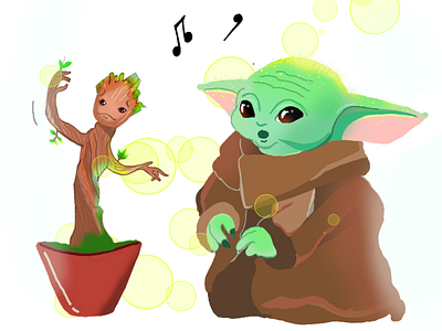 Baby groot - baby yoda art babyyoda character design digitalart green groot illustration marvel marvelcomics music starwars yellow yoda