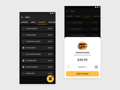 Order a Burger bottom sheet burger dark design mobile mpos restaurant ui ux