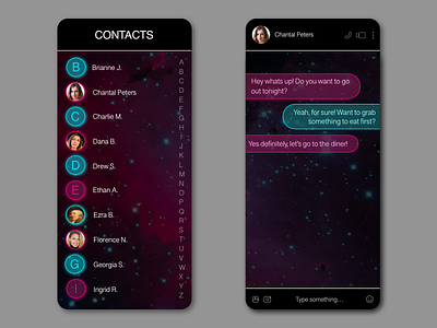 Direct Messaging App - 1980s Space Theme 80s app chat dailyui design galactic mobile mobile app nebula neon outer space retro sci fi space tron