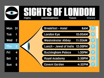 Daily UI #071: Schedule 1960s 60s dailyui dailyui071 design eye graphic illustration itinerary london minimal mod modern retro schedule sightseeing travel trip ui